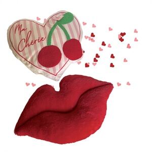 Pair of Valentine’s Pillows Ma Cherie Heart Cherries, Plush Lips, Red White Pink